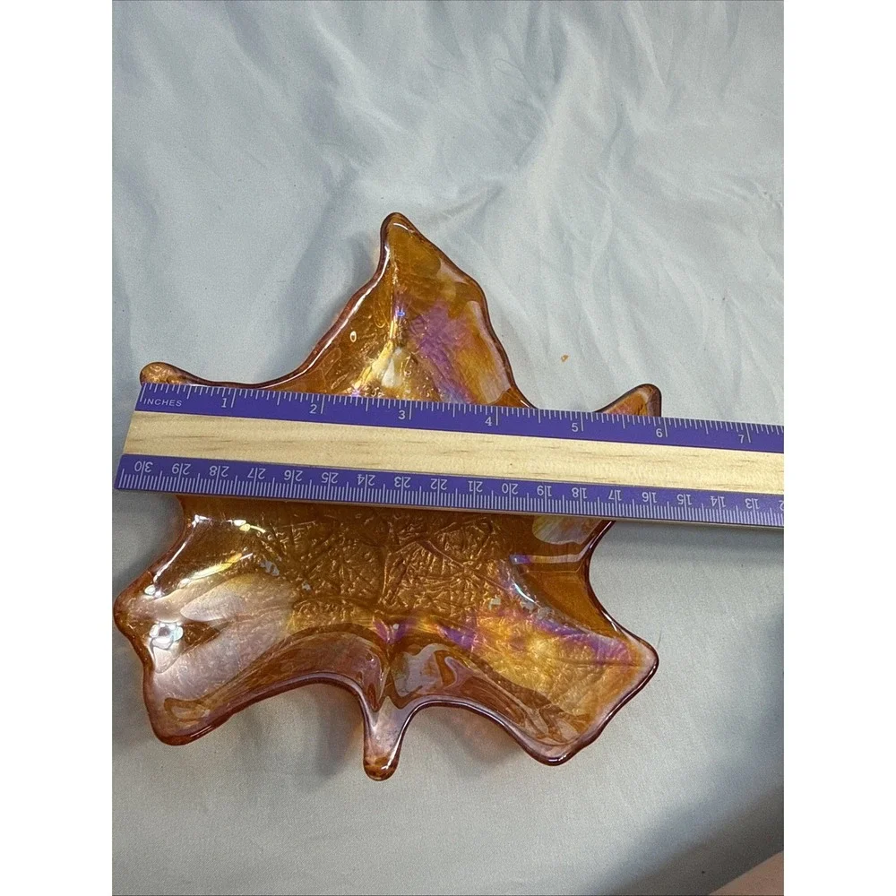 Vintage Iridescent Marigold Art Glass Maple Leaf Dish Candy Bowl Fall Decor